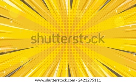 Explosion in comics book pop style with expression text space, blank layout template with halftone dots and stars on yellow backdrop, glitter yellow and orange concentration line background