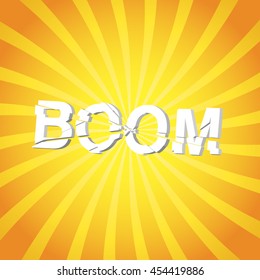 Explosion concept illustration, boom text on sun rays vector background, eps 10