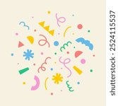 Explosion of confetti from colorful geometric shapes, lines on light background, hand drawn illustration, flat style