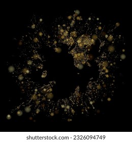 Explosion of confetti, golden dust particles with golden glitter. Sparkling shiny texture effect, bokeh, design elements.