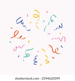 Explosion of confetti from multicolored curved lines, long ribbons, serpentine on light background, simple hand drawn illustration, flat style