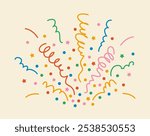 Explosion of confetti from multi-colored stars, circles, squiggles, lines from bottom to top on light background, simple cute hand drawn illustration, flat style