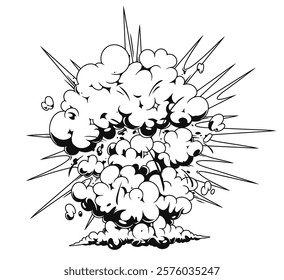 An explosion is depicted with a cloud of smoke billowing outward and sharp lines illustrating the force of the blast. The artwork emphasizes energy and chaos in a dynamic style.