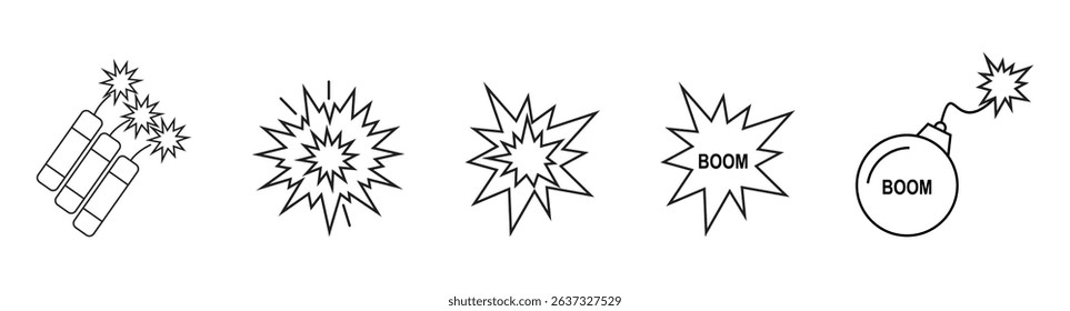 Explosion, detonation line icon set. Vector pictograms of blast, impact, explosive forces, bomb, dynamite, mushroom cloud, shockwave thin linear illustration vector