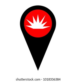 Explosion, detonation; (out), burst icon. Vector. Flat white icon in red circle at black marker on white background. Isolated.