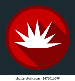 Explosion, detonation; (out), burst icon. White icon with shadow on round red button at dark cyan background. Illustration.