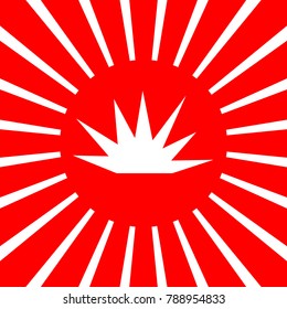 Explosion, detonation; (out), burst icon. Vector. White icon on red sun with rays as background. Isolated.