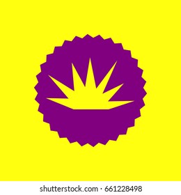 Explosion, detonation outburst icon. Vector. Violet label with hole as icon on yellow background.