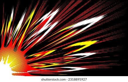 Explosion and dynamic lines of motion on a black background from bottom to top diagonally. Vector background in manga style.