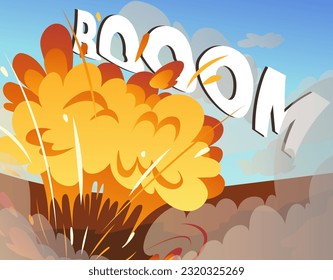 Explosión de dinamita con el concepto de inscripción de boom. Guerra y conflicto armado. Peligro y destrucción, demolición. Extracción de minerales y metales. Bomba y dinamita. Dibujo vectorial plano de dibujos animados