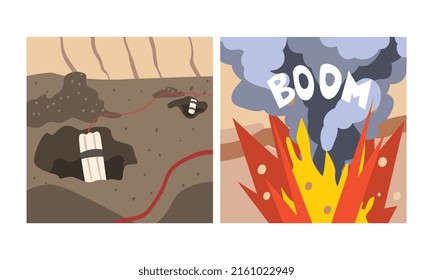 Explosion Of Dynamite In Quarry, Mining And Metal Extraction. Metallurgical Industry, Steel And Alloys Production Cartoon Vector Illustration