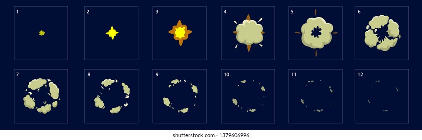 Explosion effect animation for game. The effect of an explosion with fire, flame and particles. Sprite sheet for games, cartoon or animation, vector illustration isolated. - Vector