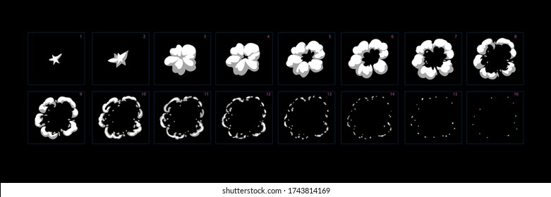 Explosion effect animation sprite sheet. Set of smoke burst animation for games, cartoon or animation. Vector