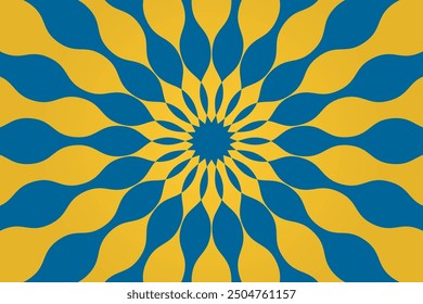 Explosion effect of blue petals on a yellow background. Floral abstract circular pattern for printing on decorative pillows, interior design. Vector.