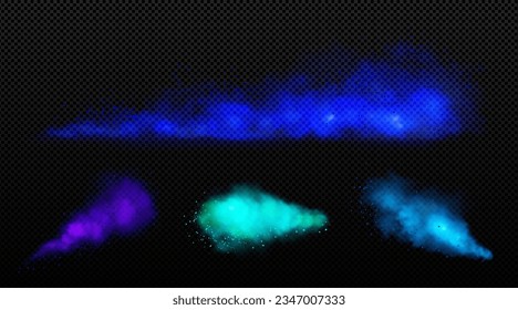 Explosion effect with clouds of smoke, dust and sand isolated on transparent background. Texture of blue powder splash, flying smog with particles, vector realistic set