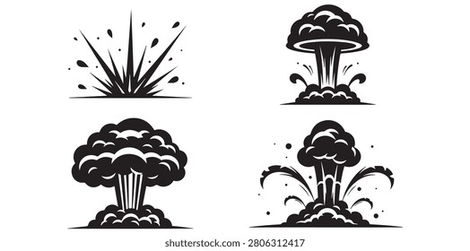 Explosion effect collection featuring blast clouds smoke bursts and dramatic impact elements suitable for action graphics visual effects comic designs and creative illustration projects