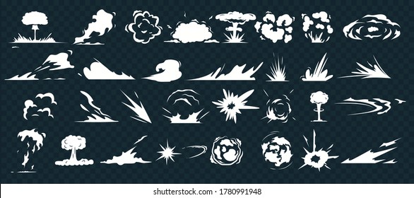 Explosion Effect. Dust Smoke Cloud, Cartoon War Blast And Motion Speed Sparks On Isolate Background. Comic Energy Explosion.  Bomb Dynamites Detonators. Smoke Clouds, Puff, Mist, Fog  Effects Template