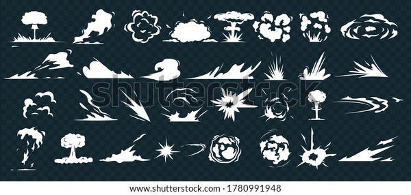 Explosion effect. Dust smoke cloud, cartoon war\
blast and motion speed sparks on isolate background. Comic energy\
explosion.  Bomb dynamites detonators. Smoke clouds, puff, mist,\
fog  effects\
template
