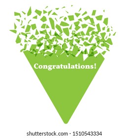 Explosion effect. The geometric figure of a green triangle explodes. Caption Congratulations. Congratulatory banner concept. Vector illustration.