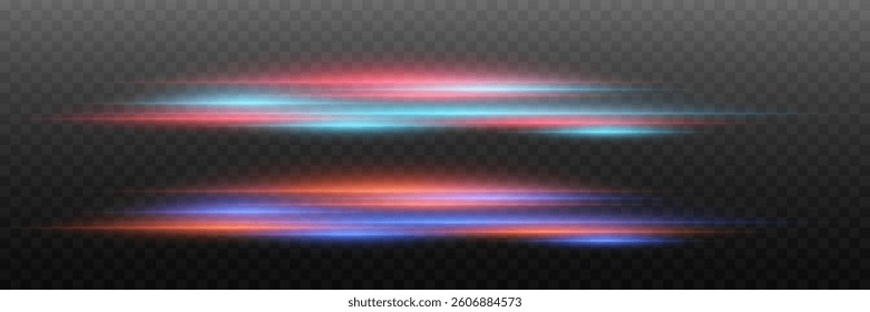 Explosion effect. Neon beams. Horizontal lines of light and glare. Laser glowing stripes. Vector. EPS 10.