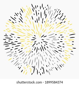 Explosion effect of random radial black, gray and yellow lines. Floral abstract circular pattern vector.