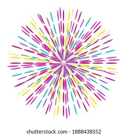 Explosion effect of random radial colorful lines on a white background with dots. Floral abstract circular pattern. Vector illustration.