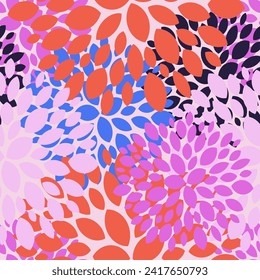 Explosion effect of random radial petals form round abstract fantasy flowers seamless pattern for printing on modern fabrics, textiles. Vector.