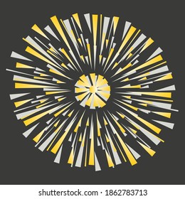 Explosion effect of random radial yellow and gray lines. Shining stripes on a dark gray background. Vector circular pattern.
