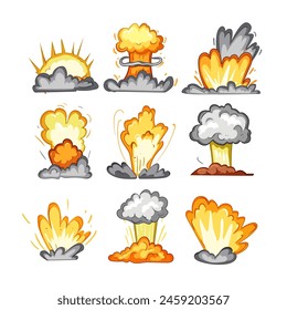 explosion effect set cartoon. detonation fireball, debris destruction, chaos power explosion effect sign. isolated symbol vector illustration