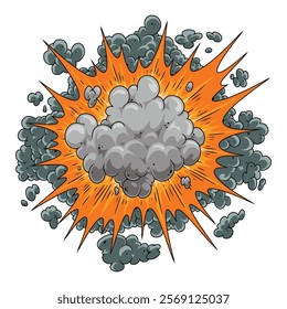 An explosion erupts sending clouds of gray smoke mixed with bursts of orange. The vivid colors highlight the dramatic force and chaos of the moment creating a striking visual impact.