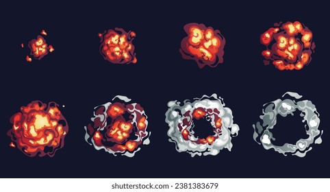 Explosionsfeuerbombenexplosion Bast-Boom-Animation explosive Wirkung einzeln Set. Vektorgrafik-Design-Illustration