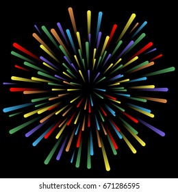 Explosion of fireworks. Glowing light effects. Abstract bright colorful lines, rays. Background with pyrotechnic salut for party, holidays, celebration. Vector illustration.