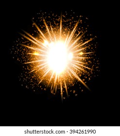 Explosion fireworks powerful golden dust party bright ray - vector