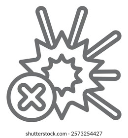 Explosion flash ban line icon, prohibited items concept. Vector graphics. Flash explosion forbidden sign on white background, outline style icon for mobile or web design