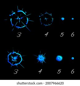 Explosion, flash of blue flame. Storyboard. Black background