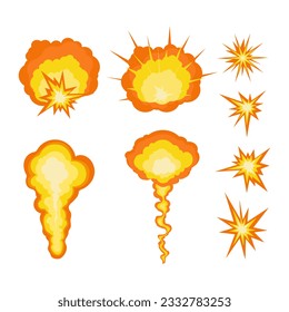 Ilustración de la caricatura de flash de explosión, hongos tras explosión queman chispas. Objetos aislados del vector.