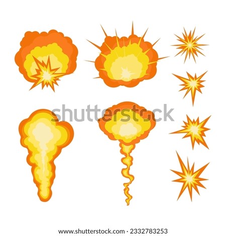 Explosion flash cartoon illustration, mushroom after explosion burning sparks. Vector isolated objects.