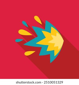 Explosion flash with fire and smoke flat icon with long shadow on a red background