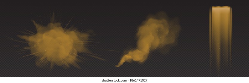 Explosion and flow of brown dust, falling sand with glow particles isolated on transparent background. Vector realistic set of powder splashes and clouds. Motion effect of dust pours