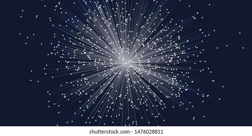   Explosion flow particles  background. Centric motion dots rays.