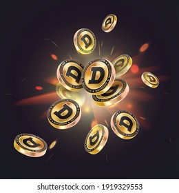 Explosion of flying gold coins, golden with black coins, dogecoin, crypto currency on black background. Vector illustration for card, design, flyer, poster, decor, banner, web, advertising. svg