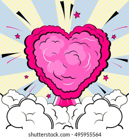 Explosion in form of heart. Isolated retro style comic book background.