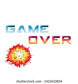 explosion game over message pixel art, style, retro vector illustration concept of level final in virtual gaming or classic user interface for online videogames in pixel art style