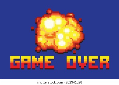 Explosion Game Over Message Pixel Art Style Retro Vector Illustration