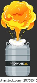 Explosion of gas in cylinder, container with fuel. Balloon with flammable, explosive subtance inside. Metal tank with liquefied compressed petroleum, propane explodes. Canister with pressurized gas