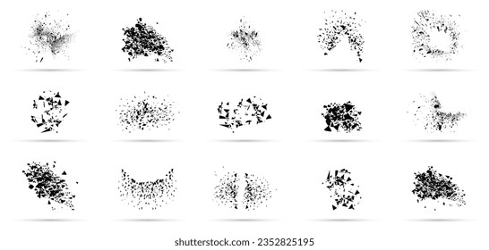 Explosion geometric shape collection. Set of broken element. Destruction effect shapes. Exploded element with spray particles. Broken glass with debris