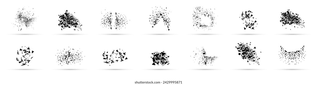 Explosion geometric shape collection. Set of broken element. Destruction effect shapes. Exploded element with spray particles. Broken glass with debris