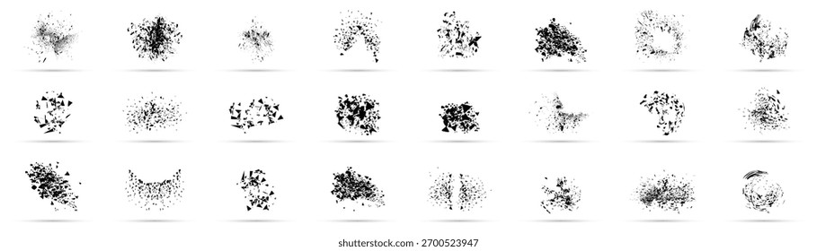 Explosion geometric shape collection. Set of broken element. Destruction effect shapes. Exploded element with spray particles. Broken glass with debris