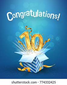 Explosion in the gift box flies the golden numbers. Ten years anniversary on blue background. Template tenth birthday celebration vector Illustration 