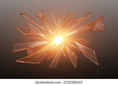 Explosión de fragmentos de vidrio con luces brillantes y destellos.